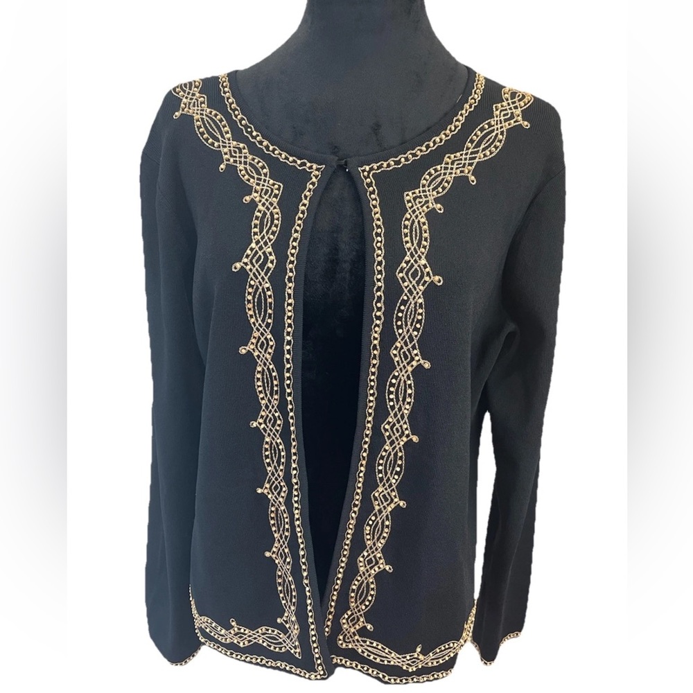 Grace Dane Lewis 1990s rayon open embroidered beaded black sweater SZ PL ladies